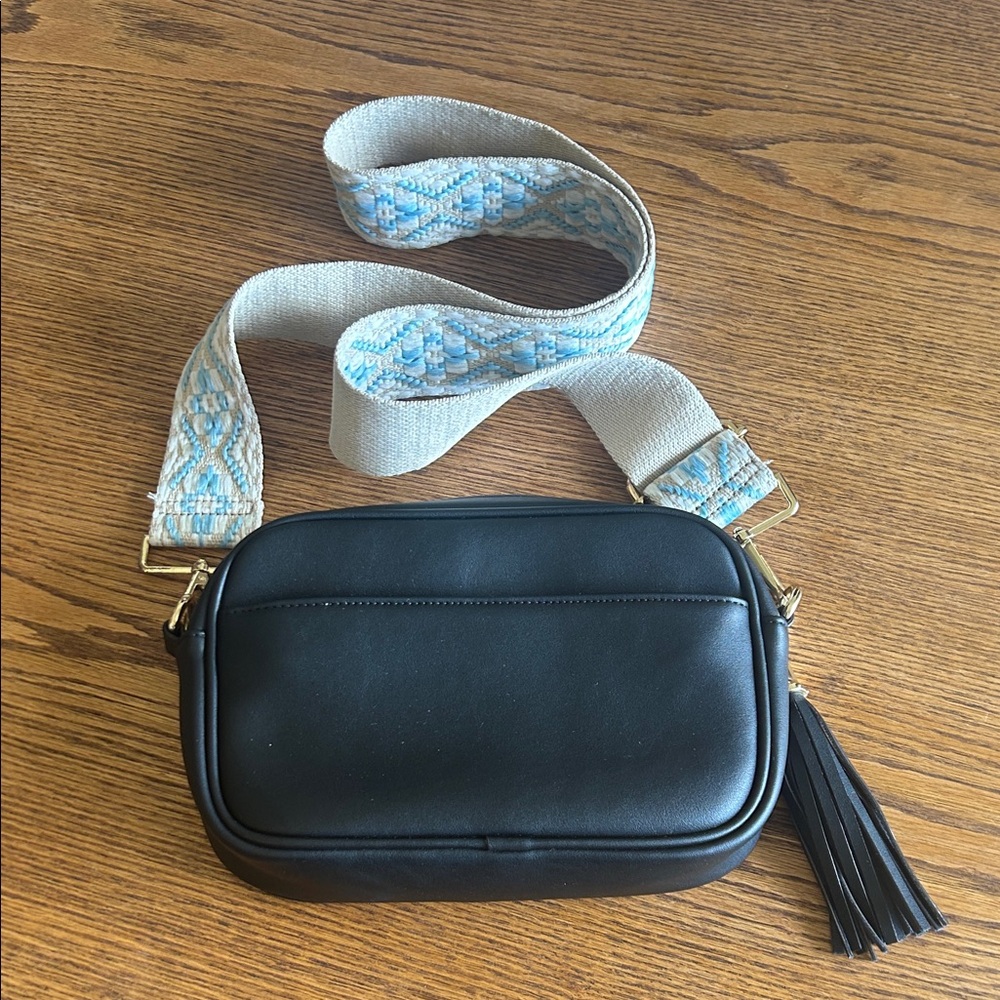 Black Crossbody Bag with Patterned Strap